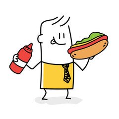 Man eats a hot dog and holds ketchup.