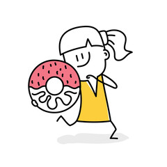 Stick figure. Happy girl runs with a donut