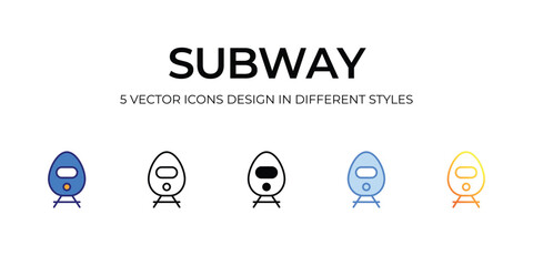 subway Icon Design in Five style with Editable Stroke. Line, Solid, Flat Line, Duo Tone Color, and Color Gradient Line. Suitable for Web Page, Mobile App, UI, UX and GUI design.