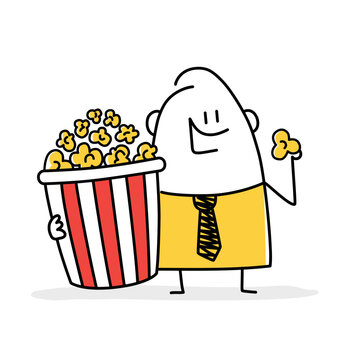 Man eating popcorn. Stick figure.