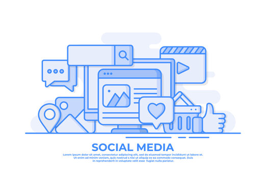 Digital marketing, Social media marketing flat vector illustration for web design, web banner, landing page, Content strategy marketing, Social media advertising, Usage of social media