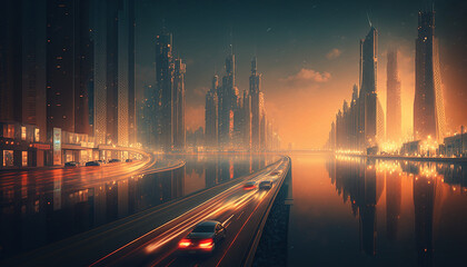 Futuristic cityscape with towering skyscrapers and flying cars, lit by neon lights and a beautiful skyline.