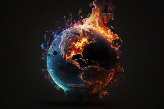 Earth planet with fire and smoke on black background. Generative AI