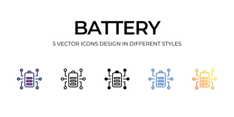 battery Icon Design in Five style with Editable Stroke. Line, Solid, Flat Line, Duo Tone Color, and Color Gradient Line. Suitable for Web Page, Mobile App, UI, UX and GUI design.