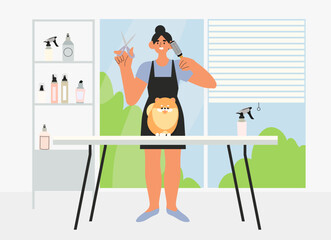 Groomer do haircut to dog. Women caring of domestic animal or pet - blow drying, cutting fur, washing. Colored vector illustration in flat cartoon style.