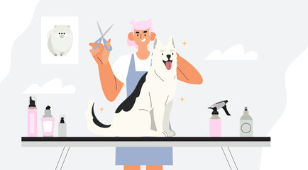 Groomer do haircut to dog. Women caring of domestic animal or pet - blow drying, cutting fur, washing. Colored vector illustration in flat cartoon style.
