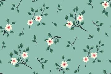 Seamless floral pattern, spring ditsy print of blooming twigs in vintage style. Cute botanical design with hand drawn plants: small flowers on branches, leaves on blue background. Vector illustration.