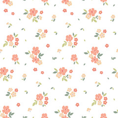 Seamless floral pattern, cute liberty ditsy print with gentle spring botany. Pretty botanical design: small hand drawn flowers, tiny leaves, simple bouquets on a white background. Vector illustration.