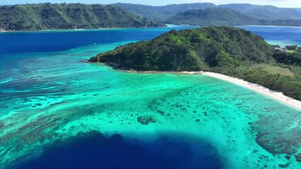 Turquoise tropical sea lagoon with coral reefs in Okinawa, Japan, beautiful exotic holiday destination, paradise seascape, coral island coastline