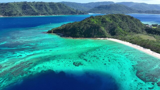 Turquoise tropical sea lagoon with coral reefs in Okinawa, Japan, beautiful exotic holiday destination, paradise seascape, coral island coastline