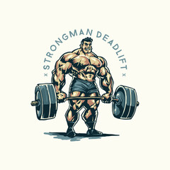 A cartoon image of a bodybuilder with the words strongman deadlift - obrazy, fototapety, plakaty