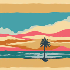 Fototapeta na wymiar A colorful vintage vibes illustration of a beach with a palm tree in the middle.