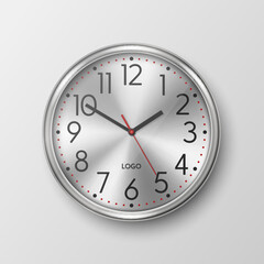 Vector 3d Realistic Simple Round Gray Silver Wall Office Clock with Steel or Chrome Metal Golden Dial Icon Closeup Isolated. Design Template, Mock-up for Branding, Advertise. Front or Top View