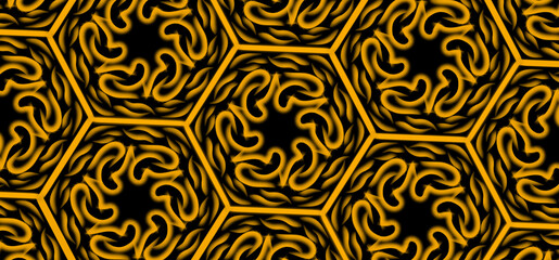 Golden floral pattern repeated design with hexagons on black background