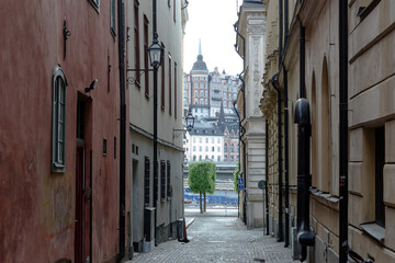 Fototapeta na wymiar Architectural detail of Gamla stan, the old town of Stockholm, capital of Sweden, one of the largest and best preserved medieval city centers in Europe, where Stockholm was founded in 1252
