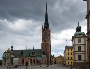 View of Riddarholmen Church, former medieval Greyfriars Monastery and final resting place of most Swedish monarchs, located in Gamla Stan, medieval city center of Stockholm, Sweden