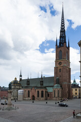Fototapeta na wymiar View of Riddarholmen Church, former medieval Greyfriars Monastery and final resting place of most Swedish monarchs, located in Gamla Stan, medieval city center of Stockholm, Sweden
