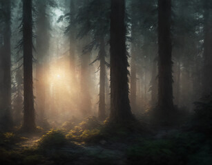 Fototapeta premium Coniferous forest with a sun shining through the pine trees and ferns on the ground. Dawn in the dark northern forest. Generative AI