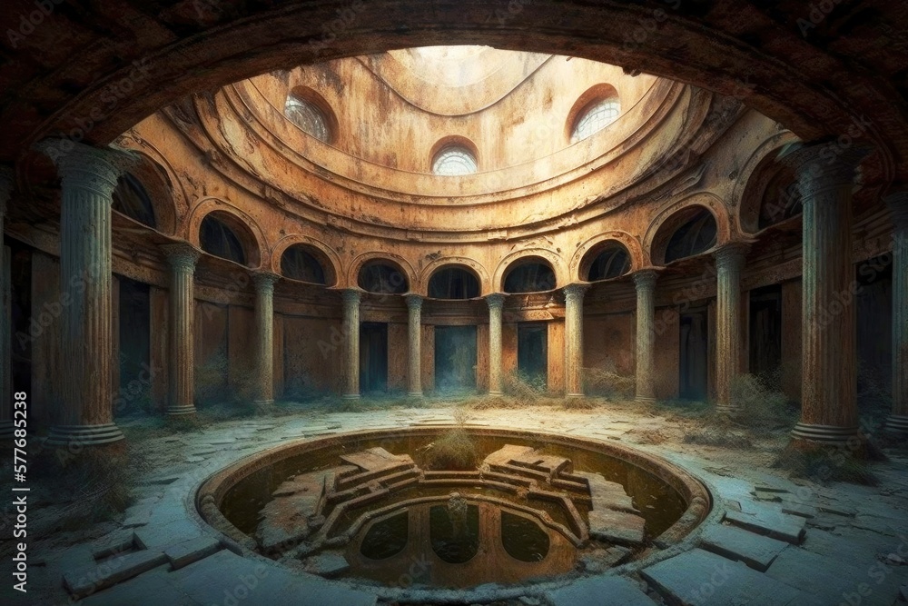 Poster abandoned ancient cistern in middle of large round room, created with generative ai