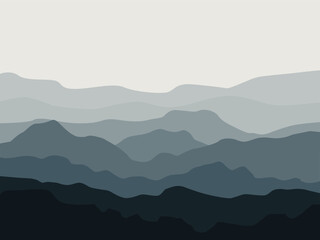 Mountain Infinite. Vector illustration of beautiful dark blue mountain landscape with fog and forest. sunrise and sunset in mountains.