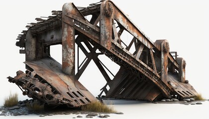 Ruined damaged rust bridge, post apocalypse object