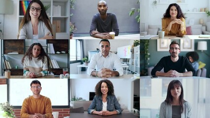 Video of headshot screen application view of diverse people doing a video call while talking in video conference - Powered by Adobe