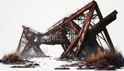 Ruined damaged rust bridge, post apocalypse object