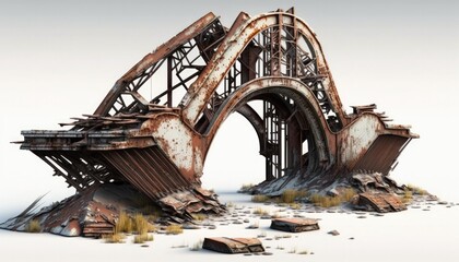 Ruined damaged rust bridge, post apocalypse object