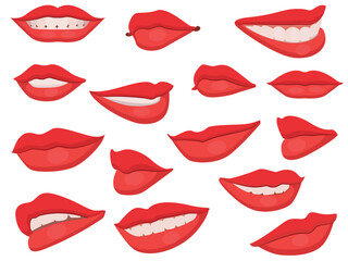 Red lips collection. lips expressing different emotions,