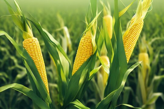 Closeup corn on the stalk in the corn field,farm corn, growth corn. Generative AI