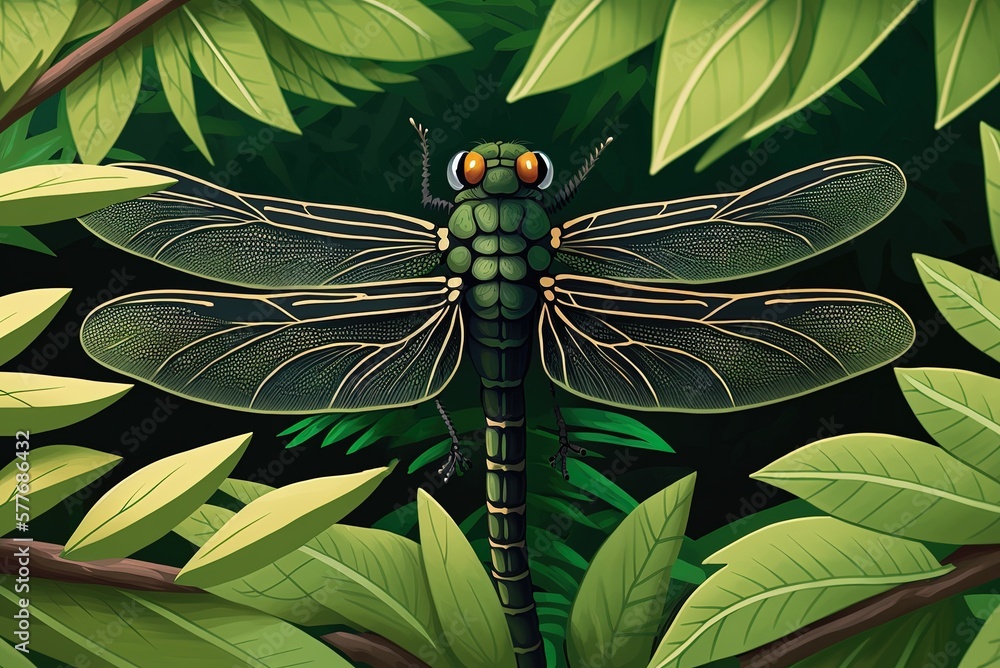 Poster dragonfly up close, resting on a tree surrounded by verdant greenery generative ai