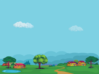 Village Background Illustration, village surrounded by mountains