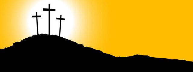 Naklejka premium Good friday Easter background panorama vector illustration - Silhouette of Crucifixion of Jesus Christ in Golgota / Golgotha jerusalem israel, with sunrise sunbeams and three crucifix crosses