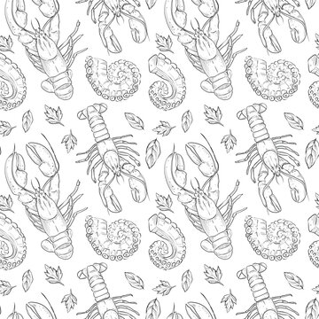 Seafood seamless pattern, hand drawn sketch