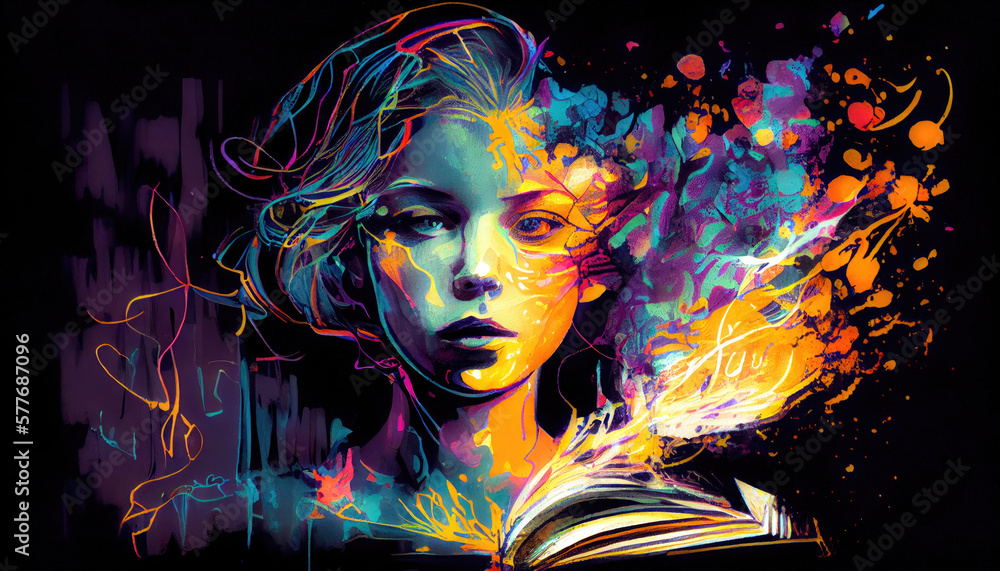 Wall mural psychedelic girl painting portrait - by generative ai