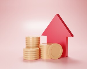 Financial success and growth concept, Red up arrow and coin stacks . 3d render illustration
