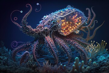 Mechanical imaginary underwater creature, part octopus, part device, detailed shell and many tentacles. AI generative imaginary creature underwater.