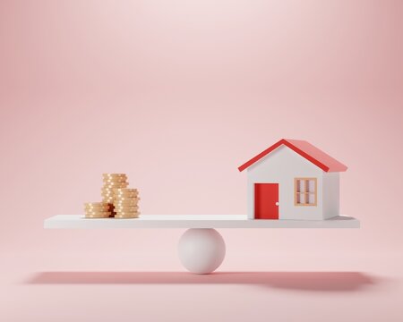 3D render Financial home loan management concept. Coin compare house on weighing scale, financial investing, money-saving.  