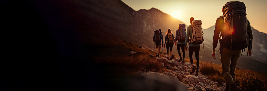 Banner group tourists walks in mountains at sunset. Ai generative.
