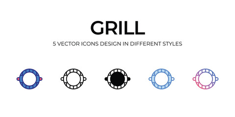 grill Icon Design in Five style with Editable Stroke. Line, Solid, Flat Line, Duo Tone Color, and Color Gradient Line. Suitable for Web Page, Mobile App, UI, UX and GUI design.