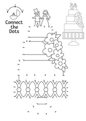 Vector dot-to-dot and color activity with cute wedding cake decorated with flowers, bride and groom. Marriage ceremony connect the dots game or coloring page for kids with classic dessert.
