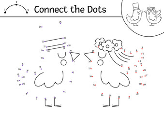 Vector dot-to-dot and color activity with cute just married birds couple. Wedding connect the dots game for children with animal bride and groom. Marriage ceremony coloring page for kids.