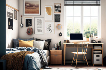 Bright youth dorm room with typical decoration and furniture as digital illustration (Generative AI)