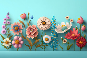 Colorful summer flower row on light blue background, floral design, illustration generative ai