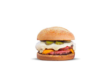 Hamburguer de Carne Suína Mussarela, Cheddar e Picles