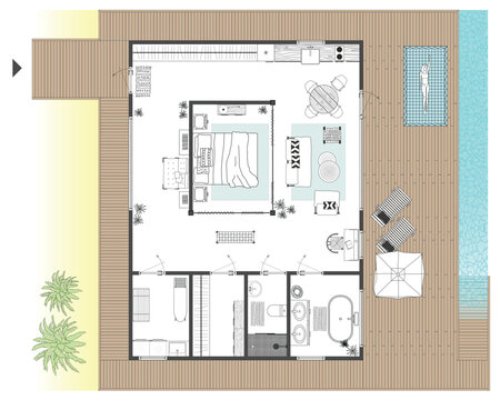 Floor plan of a country villa with furniture in top view. Architectural plan with the arrangement of furniture. Detailed layout of the interior apartment. House with a swimming pool. Vector blueprint