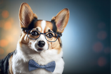 Studio portrait of cute corgi dog wearing glasses and bow tie with a lot of copy space around
