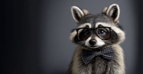 Obraz premium Studio portrait of raccoon wearing glasses and bow tie with a lot of copy space around