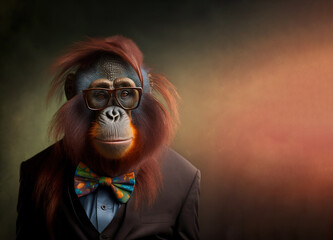 Studio portrait of orangutan wearing glasses, suit and colorful bow tie with a lot of copy space around