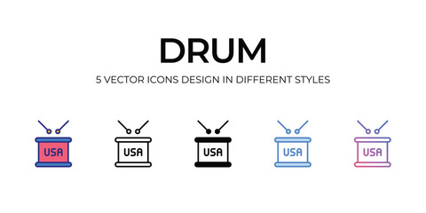 drum Icon Design in Five style with Editable Stroke. Line, Solid, Flat Line, Duo Tone Color, and Color Gradient Line. Suitable for Web Page, Mobile App, UI, UX and GUI design.